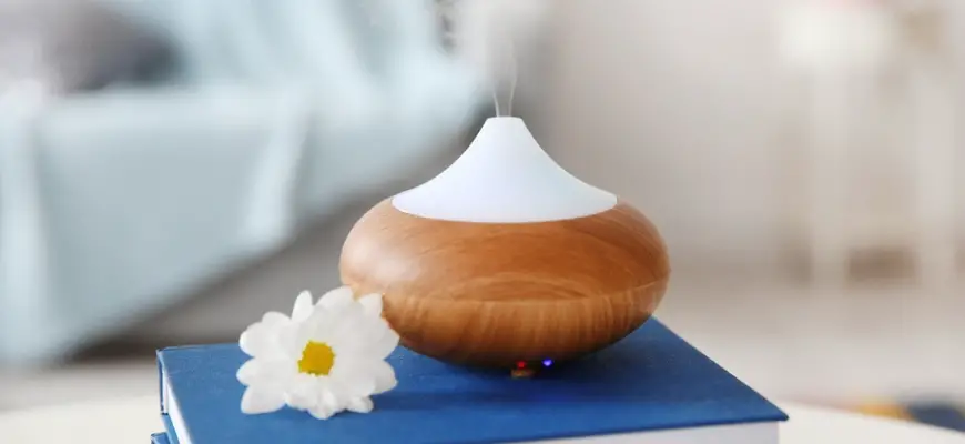 Cool mist humidifier at the top of blue notebook with white flower beside.