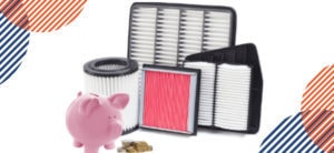 Furnace filters, piggy bank and coins in white background and circle orange and blue on the edge