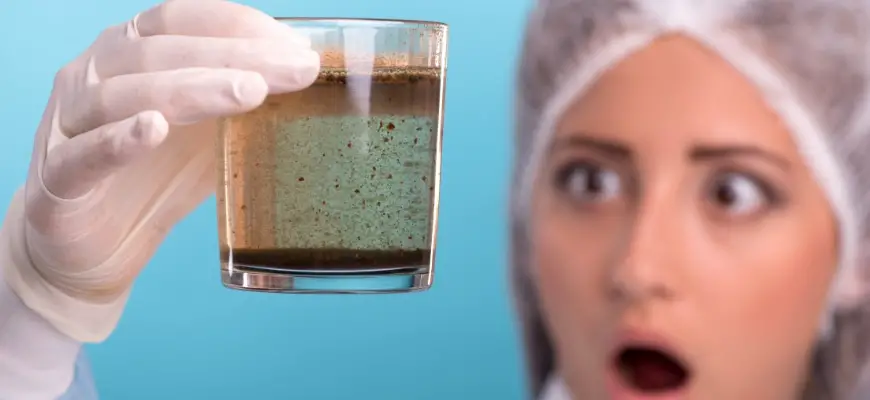 Shocked woman holding a glass of dirty water