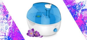 HUMIDIFIER with purple flower at the bottom in white and sprinkled colors background