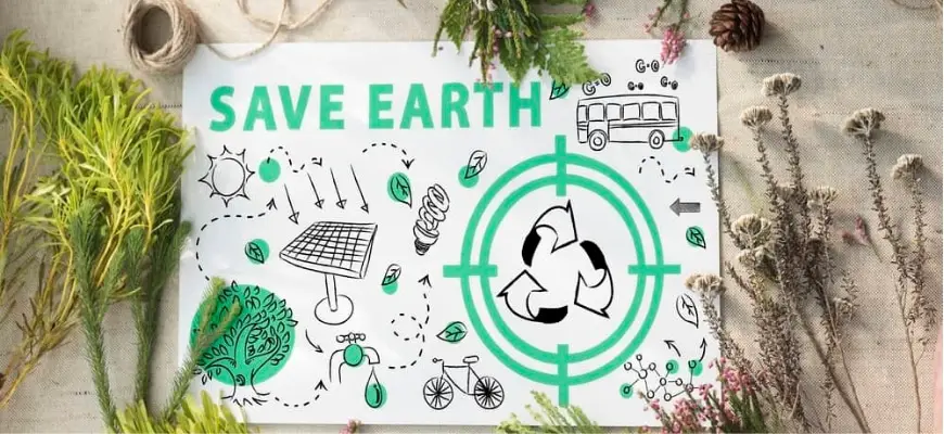 Save Earth slogan with green plants and flowers on the sides