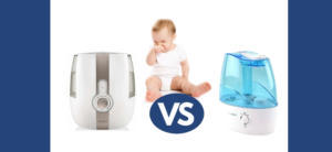 Humidifier and Aporizer with baby in the middle in blue and white background