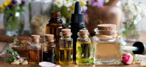 Bottles of Essential oils , vases and plants